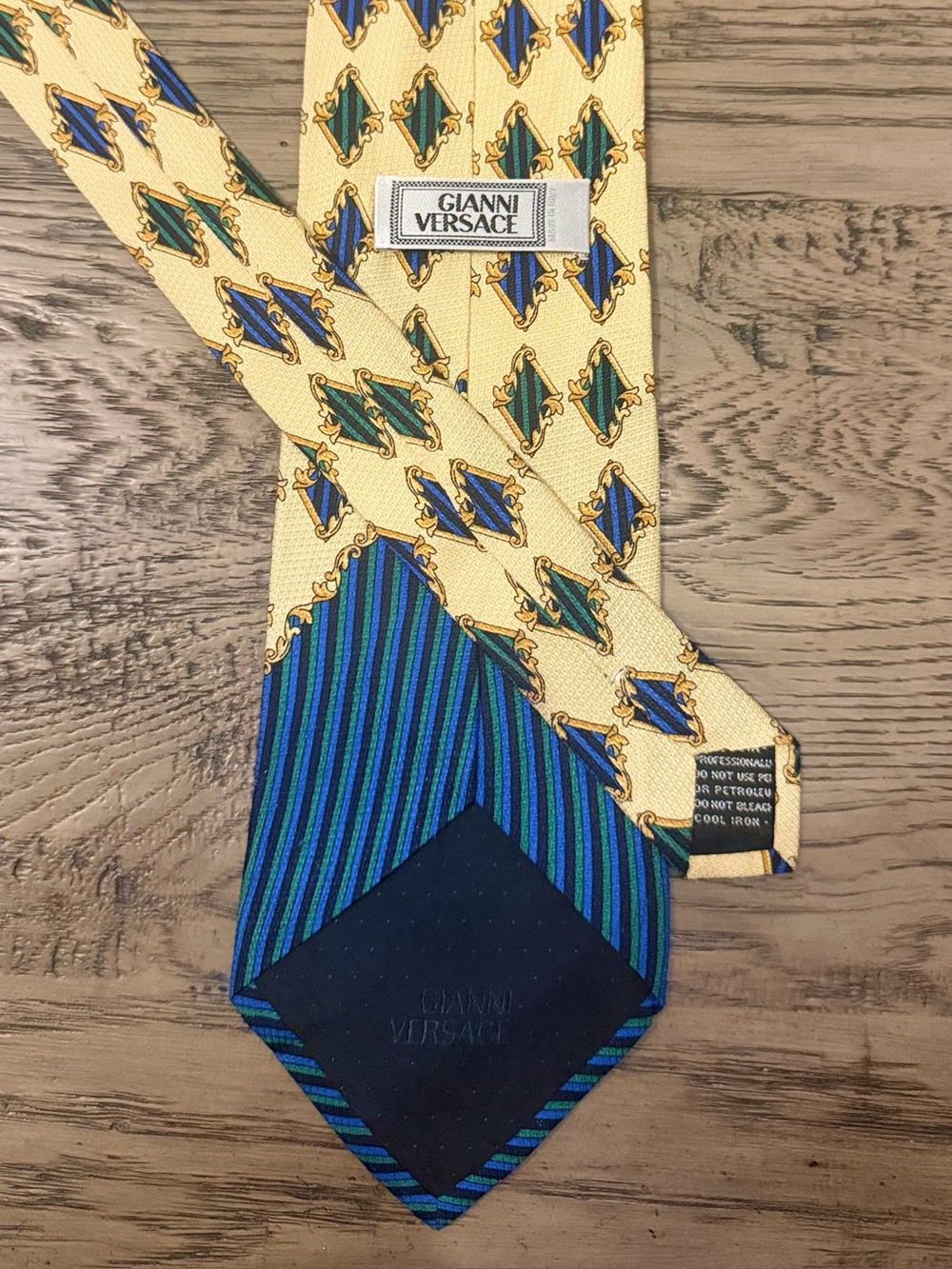 Versace Yellow Silk Tie with Blue and Green Medallion Pattern